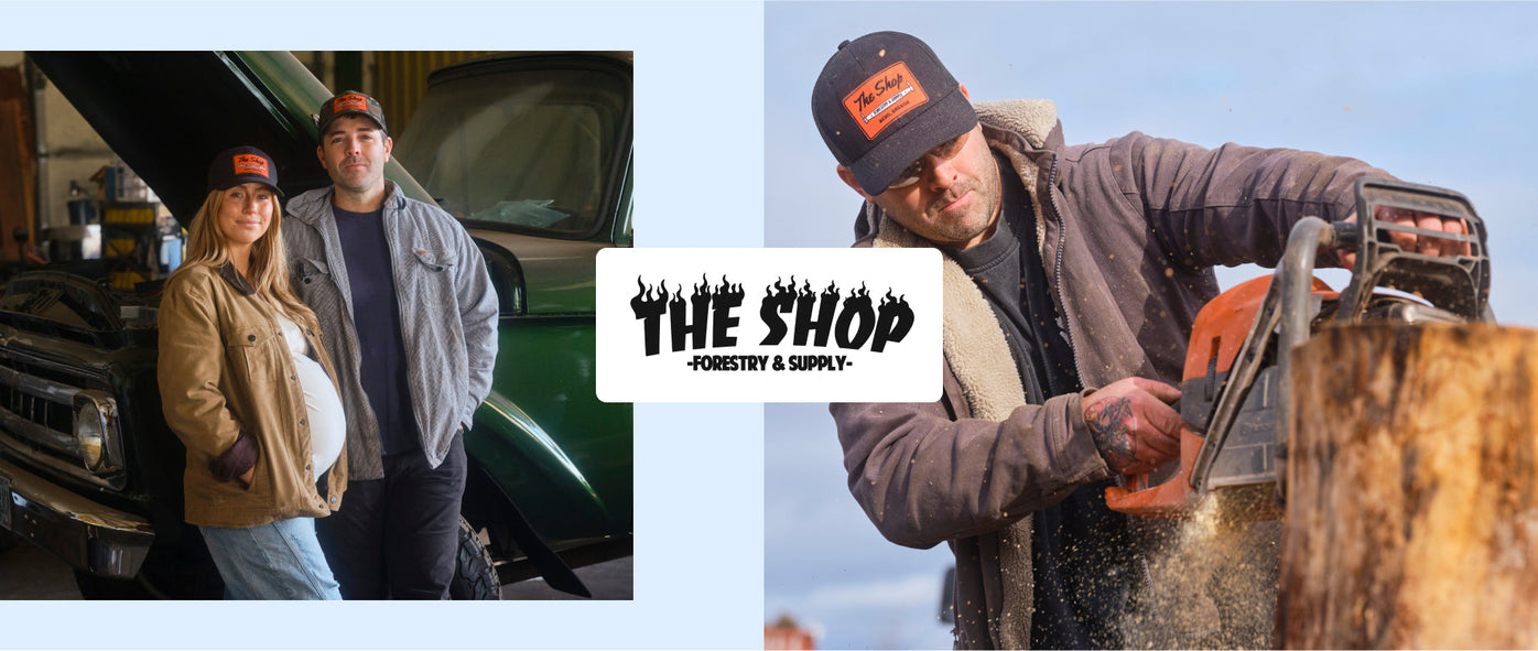  Two images separated by The Shop: Forestry & Supply logo. On the left, Kennedy and Boe Brodhun are standing in front of a vintage truck. On the right, Boe Brodhun is cutting a tree stump with a chainsaw.